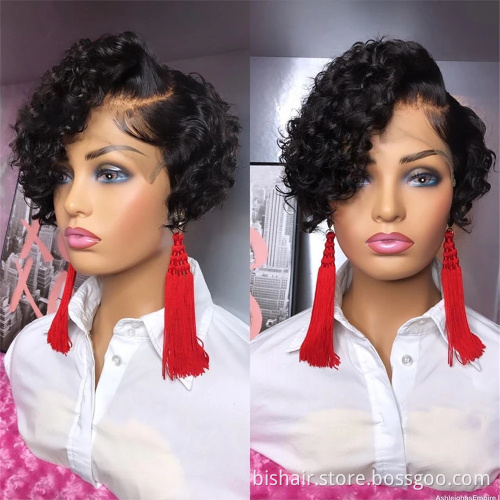 Wholesale Full Cuticle Human Hair Wig pixie cut human hair wig T Lace Frontal Curly Brazilian Virgin Human Hair Wigs for woman
